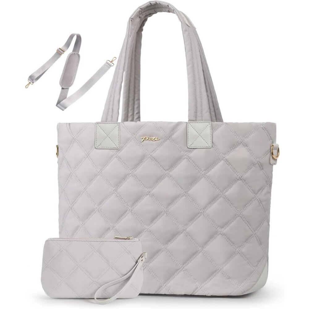Womens White Puffer Shoulder Tote Quilted Work Bag Laptop Sleeve Compartment